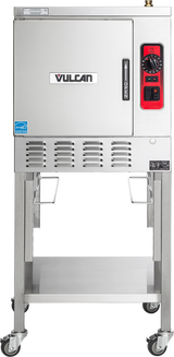 A stainless steel Vulcan convection steamer on wheels. The front has a door with handle, “OPEN” label, control panel with red accent, dial, and buttons. The base features a lower shelf and four caster wheels for mobility. Energy efficient steam generator included.