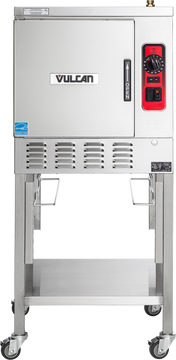 A commercial stainless steel Vulcan convection steamer stands on a wheeled metal frame. The oven features a front door with handle, control knobs and buttons on a red panel, an OPEN label, ventilation slots below, and a bottom shelf. ENERGY STAR certified.