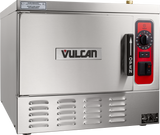 A stainless steel Vulcan commercial kitchen oven with a front handle labeled OPEN, a digital timer and control panel on the right, and ventilation slots along the bottom—this sturdy convection steamer boasts an industrial design perfect for any busy kitchen.
