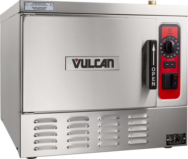 A stainless steel Vulcan commercial kitchen oven with a front handle labeled OPEN, a digital timer and control panel on the right, and ventilation slots along the bottom—this sturdy convection steamer boasts an industrial design perfect for any busy kitchen.