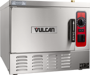A stainless steel Vulcan electric countertop steamer with a front door handle labeled OPEN, a digital timer, and control panel on the right. The appliance features ventilation grilles and branding, delivering reliable performance as a convection steamer.