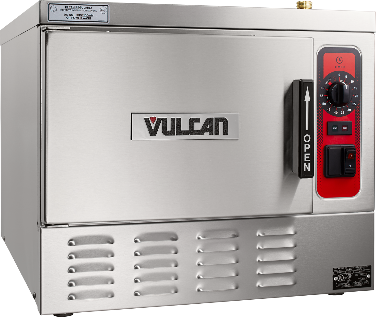 A stainless steel Vulcan commercial countertop convection oven with a front door handle labeled “OPEN,” a red control panel featuring a timer dial, power button, and ventilation slots along the bottom front—an energy efficient steamer option.