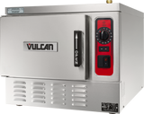 A stainless steel commercial oven with a front door labeled Vulcan and an OPEN handle. To the right, a red panel features controls typical of an electric countertop steamer, including a timer dial, switch, indicator lights, and ventilation slots.