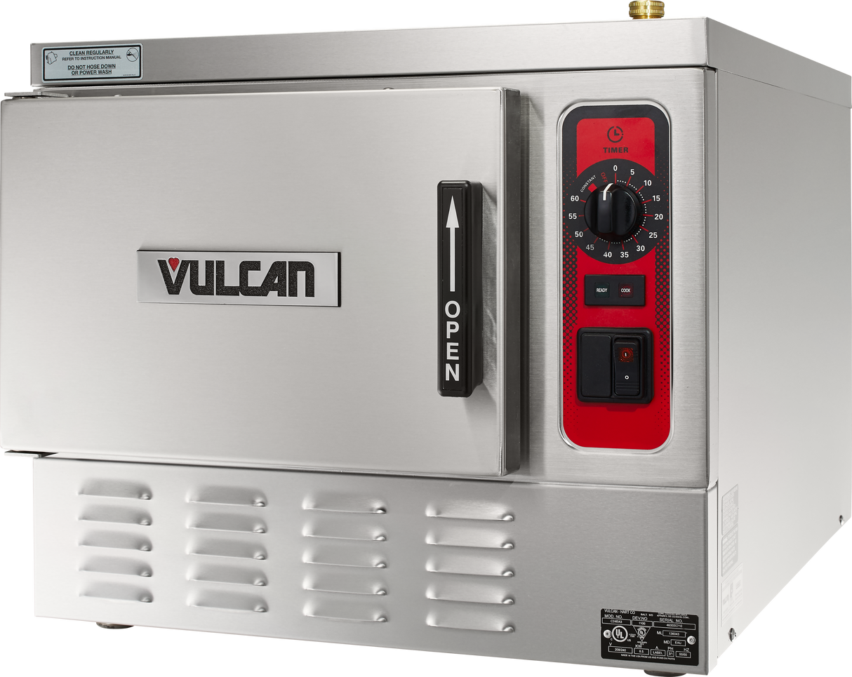 A stainless steel commercial convection steamer oven with a front door labeled “Vulcan,” a black handle marked “Open,” and a red control panel featuring a timer dial, power switch, and indicator lights on the right side.