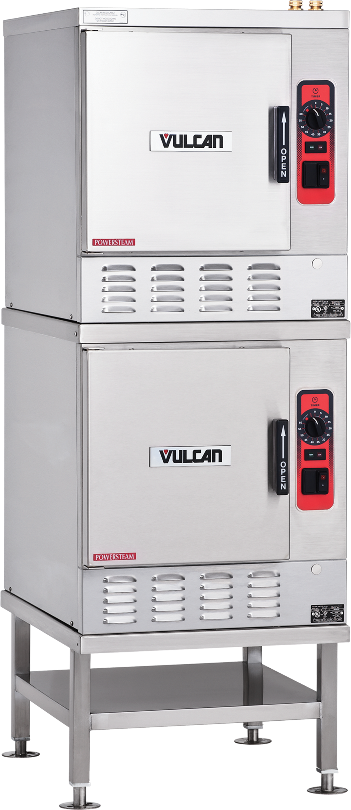 A commercial stainless steel Vulcan double-stacked convection steamer with red and black control panels on the right side of each unit, each featuring a handle, dials, and indicator lights, stands on a metal frame with four legs.