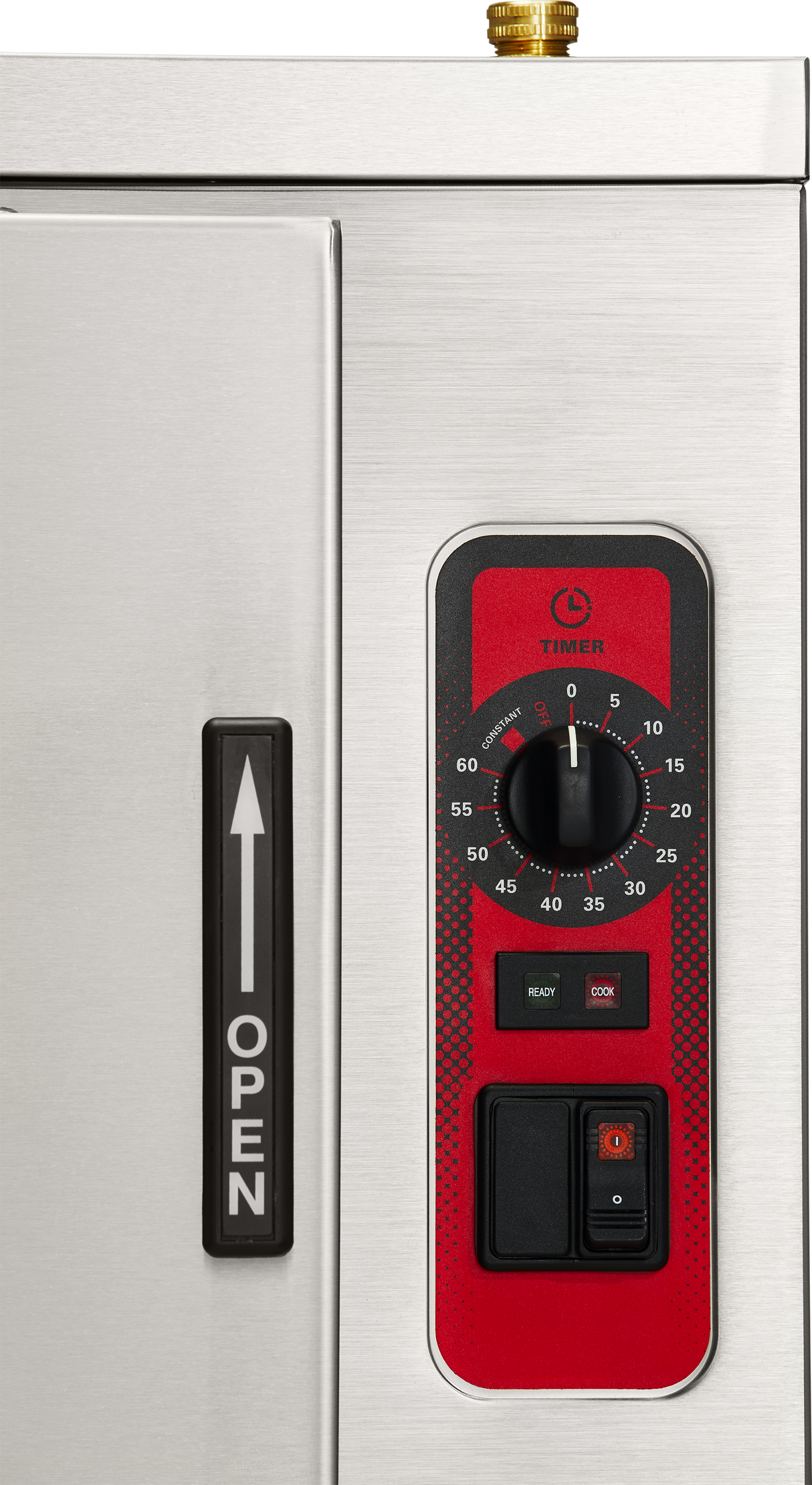 Close-up of a countertop electric steamer with a stainless steel finish, featuring a vertical black handle labeled OPEN, red timer dial marked 0–60 minutes, status lights for READY and COOK, and two black switches with one orange indicator.