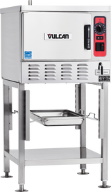 A commercial stainless steel Vulcan convection steamer with front control panel, labeled buttons, and temperature dial. It stands on a metal frame with a lower shelf, open sides, and a pull-out tray beneath the oven chamber.