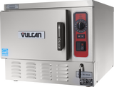 A stainless steel Vulcan boilerless countertop electric steamer with a front door handle labeled “OPEN,” a control panel featuring a timer dial, power switch, and indicator lights. Vents and a “Push to Drain” button are visible on the lower front panel.