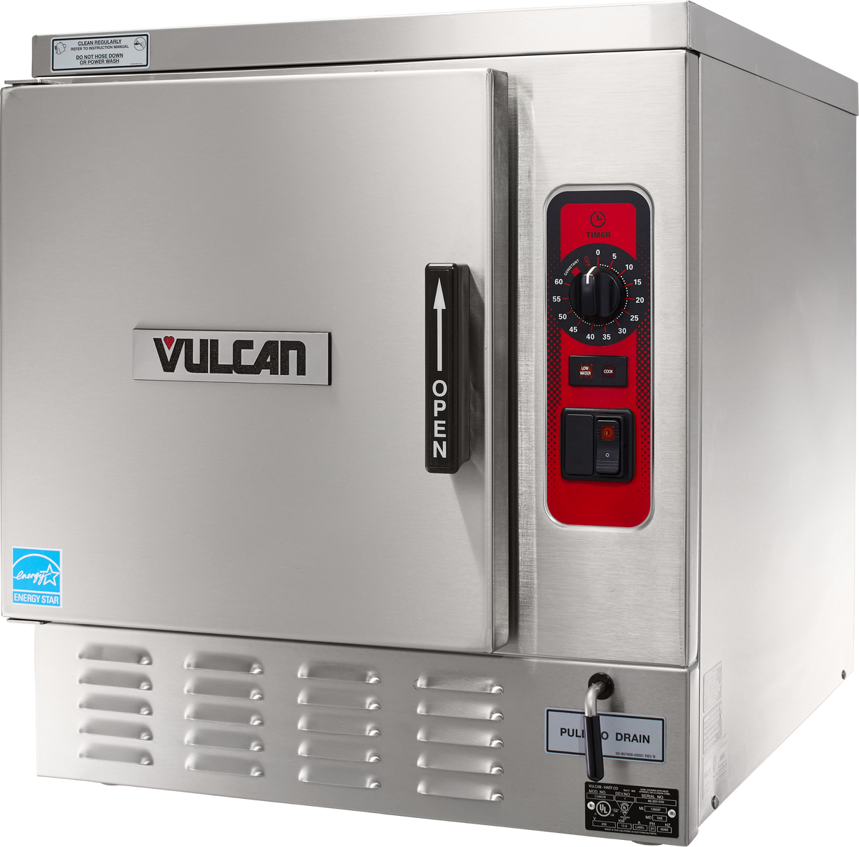 A stainless steel Vulcan electric steamer with a front door featuring a black handle labeled OPEN. The right-side control panel has a red background, dials, and buttons. Vent panels and a pull-to-drain lever are at the bottom, plus a safety seal on the front.