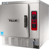 A stainless steel Vulcan ENERGY STAR convection steamer with a visible red-bordered control panel, dial, and buttons. The door features a vertical black handle labeled OPEN and the Vulcan logo. Vents and a drain pull tab are at the bottom right.