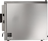 A large, stainless steel commercial kitchen appliance with a flat, smooth side panel—this electric steam oven features metal handles and levers on the left edge, manufacturer labels, and a small leg at the bottom for an industrial, clean appearance.
