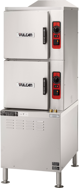 A commercial Vulcan double-stacked electric convection steamer with two front doors, red and black control panels with dials and switches, low water energy use, a vented lower base, and four sturdy legs.