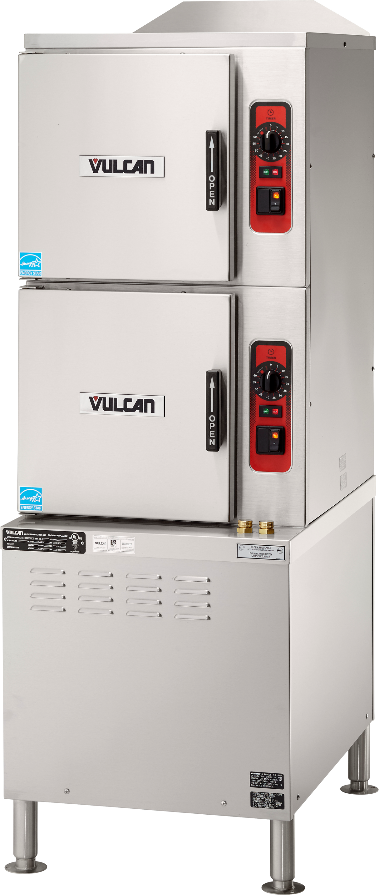 A Vulcan C24ET6 electric steamer with two stainless steel compartments, each with a labeled door and black handle. The convection steamer features red control panels with dials and lights, all supported by sturdy metal legs.