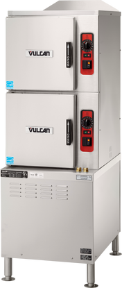 A commercial Vulcan ET Series convection steamer featuring two stainless steel compartments stacked vertically, each with a door, handle, and red control panel. This electric steamer includes a vented base, metal legs, and multiple manufacturer labels.