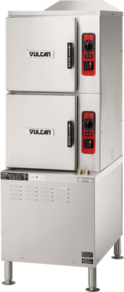 A Vulcan ET Series convection steamer with two stacked stainless steel ovens, each featuring a door handle and a red and black control panel. This electric steamer stands on four sturdy legs, built for commercial kitchen efficiency.