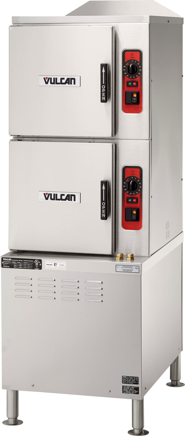 A commercial Vulcan stainless steel double-deck convection steamer with an electric steam generator features two front-facing doors, each with a black handle and red and black control panels with dials and indicator lights, standing on four sturdy legs.