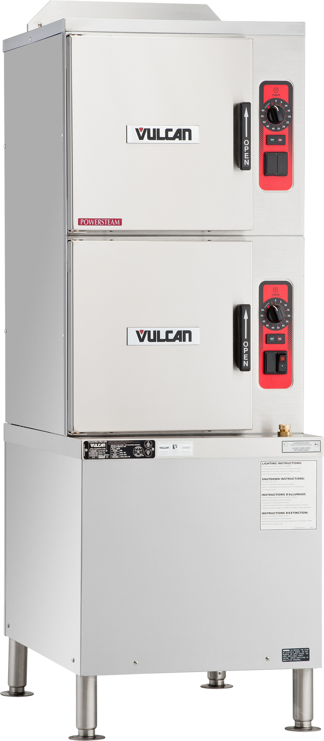 A commercial stainless steel Vulcan C24GA10 gas steamer with double-deck convection steamer design, two front doors with black handles, and red control panels stands on four metal legs against a white background.