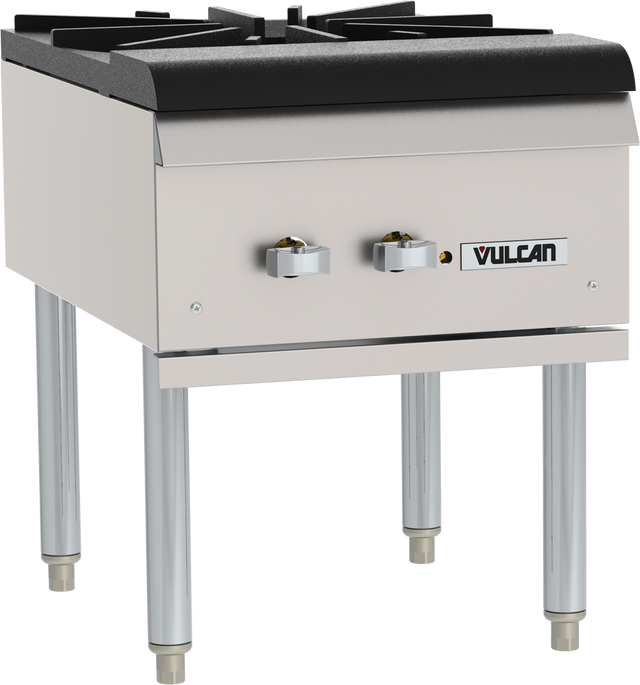 A commercial Vulcan stainless steel gas burner stove with four metal legs, two control knobs, and a black cast iron grate on top. This freestanding stock pot range is designed for heavy-duty kitchen use and displays the Vulcan brand logo on the front.