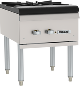 A commercial Vulcan VSP100 Stock Pot Range with a durable gas burner, four raised legs, two control knobs, and a black grate on top. The stove is ideal for heavy-duty kitchen use and features the Vulcan brand on the front panel.