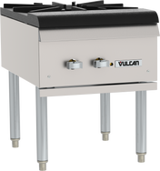 A commercial-grade Vulcan VSP100 stock pot range featuring a stainless steel gas burner stove with a black cast iron grate, two control knobs, four sturdy metal legs, and the Vulcan logo—perfect for restaurant or industrial kitchen use.