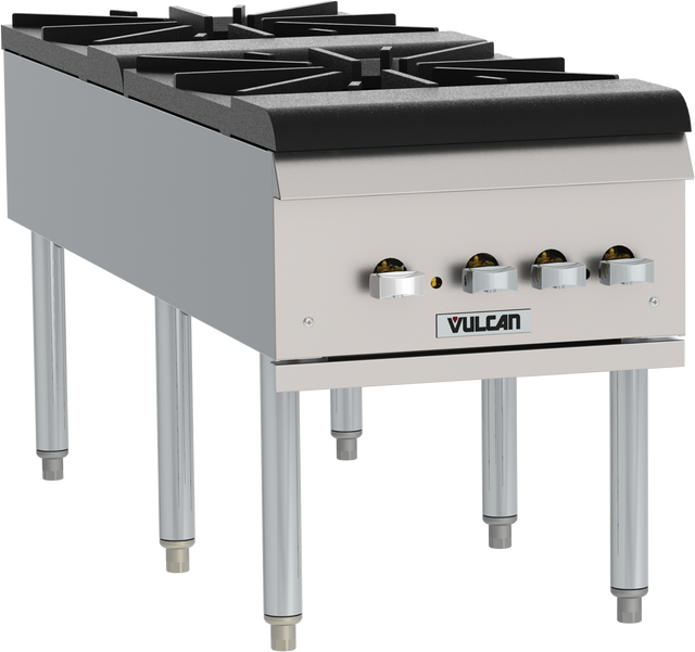 A commercial Vulcan stainless steel Stock Pot Range with four powerful gas burners, adjustable metal knobs, and a front panel bearing the brand, all supported by four sturdy legs.