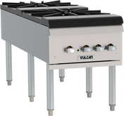 The Vulcan VSP200F Stock Pot Range features a stainless steel design with four black gas burners, each controlled by a silver knob. Supported by sturdy metal legs, the stove proudly displays the "Vulcan" brand on its front panel.