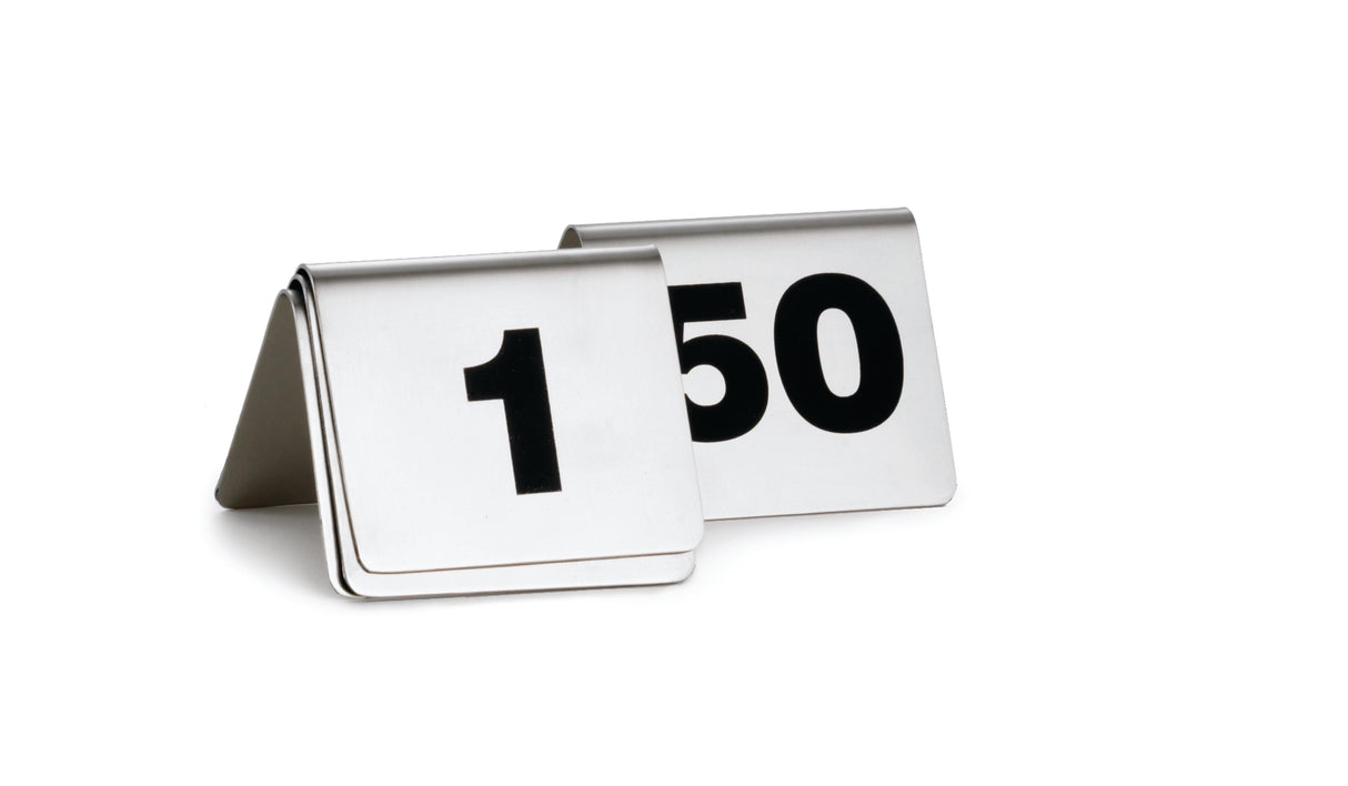 Two metallic, stainless steel table number signs are displayed on a white background. The front sign shows the number 1, and the one behind it shows 50. Both numbers are in bold black font—perfect for any number tent set and completely dishwasher safe.
