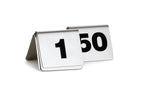 Two metallic, stainless steel table number signs are displayed on a white background. The front sign shows the number 1, and the one behind it shows 50. Both numbers are in bold black font—perfect for any number tent set and completely dishwasher safe.