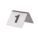A Tablecraft stainless steel table marker with a brushed finish, shaped like an upside-down V. This number tent set displays a large black number 1, ideal for identifying tables or orders in restaurants or event settings.
