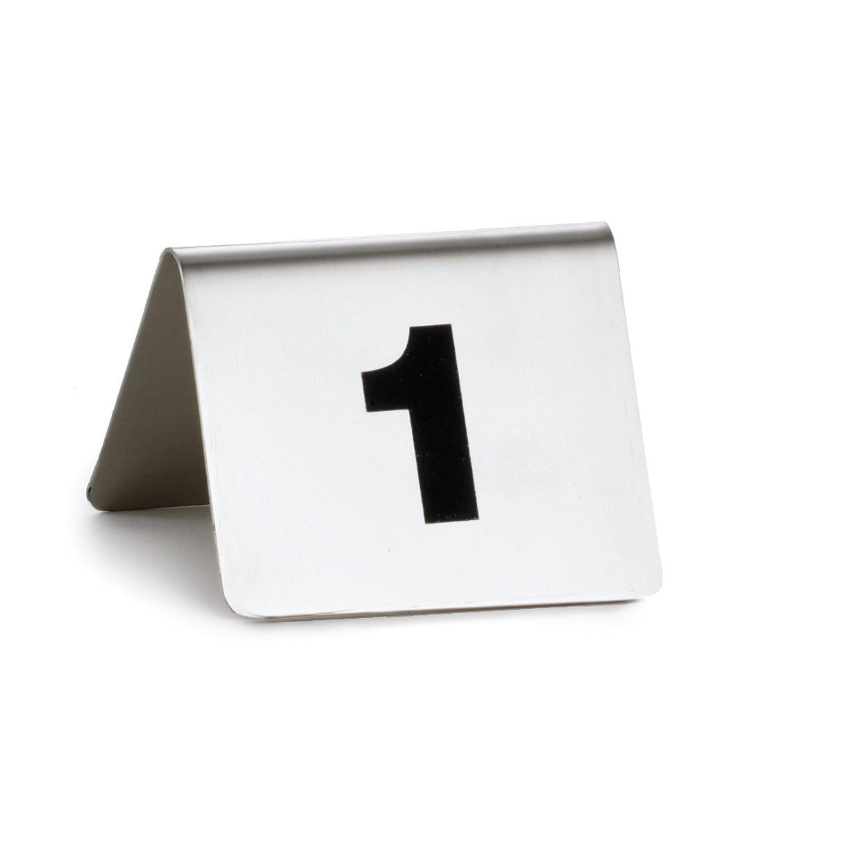 A silver, tent-shaped stainless steel table marker from the Tablecraft number tent set displays a large black number 1 on its front, standing upright on a plain white background.