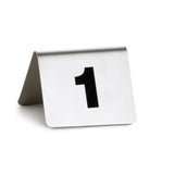 A silver, tent-shaped stainless steel table marker from the Tablecraft number tent set displays a large black number 1 on its front, standing upright on a plain white background.