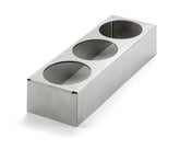 A rectangular stainless steel squeeze bottle holder with three circular cutouts on the top surface, set against a white background. The brushed finish and engraved logo on the front left side give this expandable counter-top accessory a sleek look.