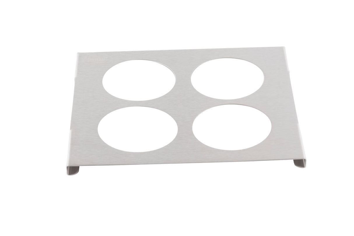 A rectangular sheet of brushed 18/8 stainless steel with four evenly spaced circular cutouts and slightly bent edges forms a stand or squeeze bottle template. The smooth, matte finish rests on a white background and is dishwasher safe.