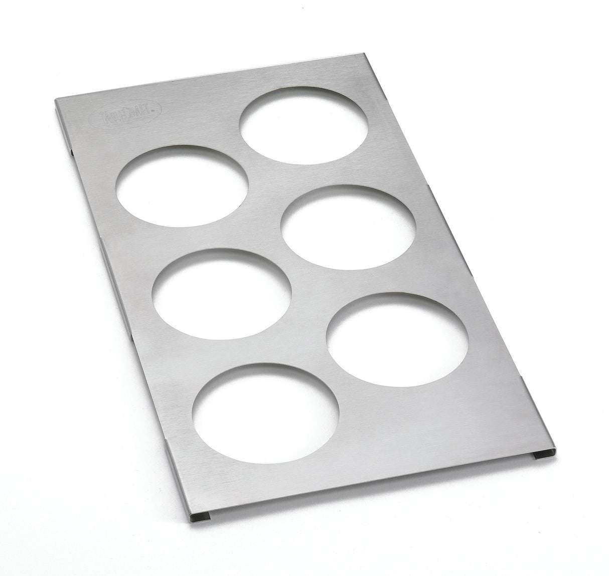 A rectangular stainless steel sheet with six evenly spaced circular cutouts arranged in two columns and three rows, lying flat on a white surface. This squeeze bottle template features a brushed finish and slightly raised edges at the corners.