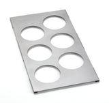 A rectangular stainless steel sheet with six evenly spaced circular cutouts arranged in two columns and three rows, lying flat on a white surface. This squeeze bottle template features a brushed finish and slightly raised edges at the corners.