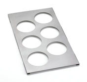 A rectangular stainless steel sheet with six evenly spaced circular cutouts arranged in two columns and three rows, lying flat on a white surface. This squeeze bottle template features a brushed finish and slightly raised edges at the corners.