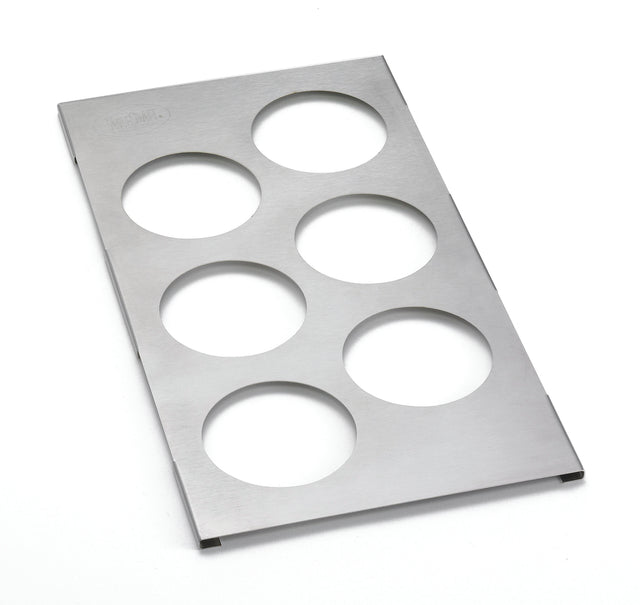A rectangular stainless steel sheet with six evenly spaced circular cutouts arranged in two columns and three rows, lying flat on a white surface. This squeeze bottle template features a brushed finish and slightly raised edges at the corners.