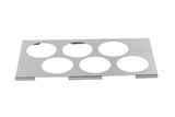A rectangular stainless steel food pan tray with six evenly spaced circular cutouts arranged in two rows. Silver in color with small notches along the bottom edge, it serves as a practical squeeze bottle template against a plain white background.