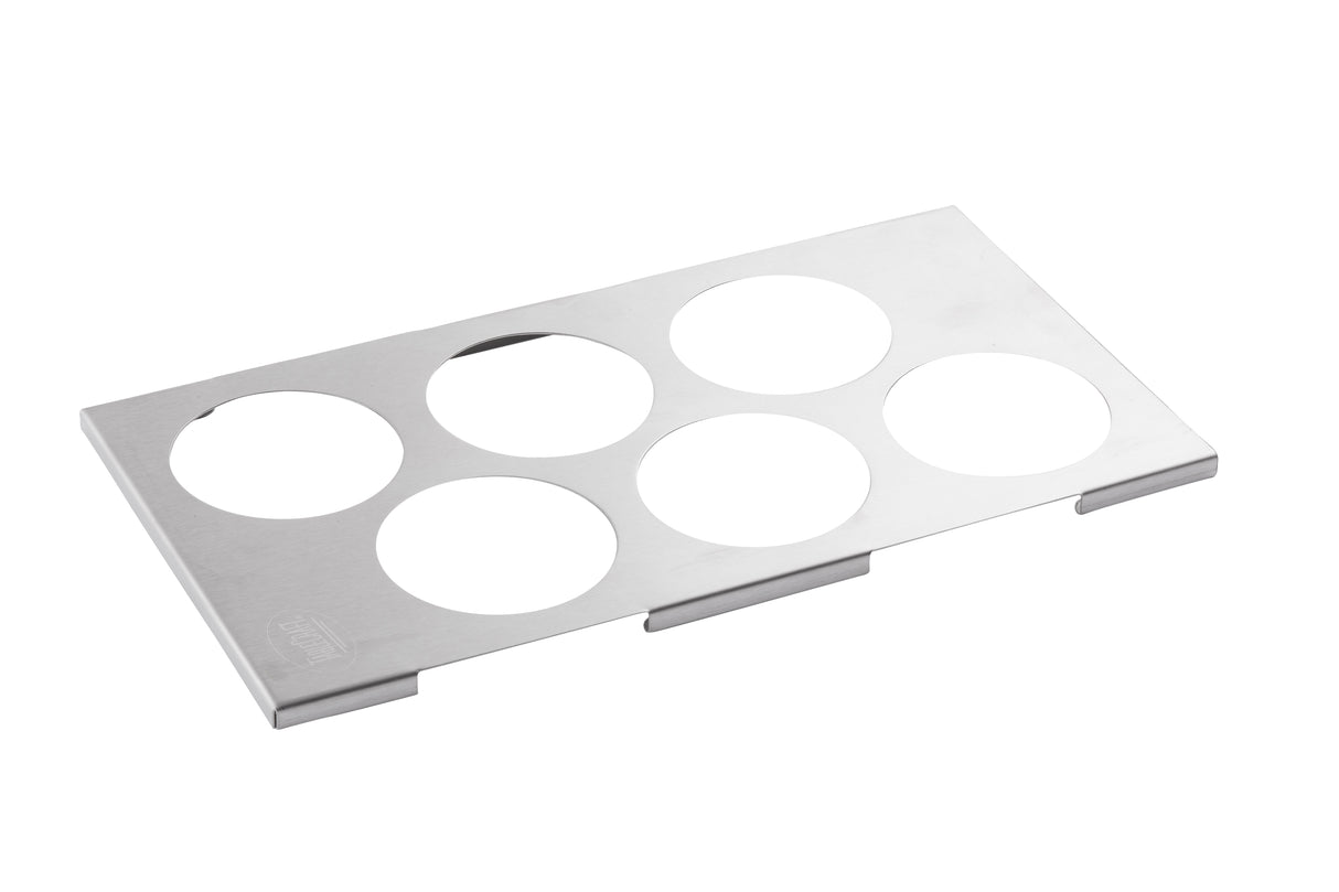 A rectangular stainless steel squeeze bottle template tray with six evenly spaced circular cutouts in two rows. The smooth-finish tray features raised edges on the short sides, designed to securely hold round containers or food pans in place.