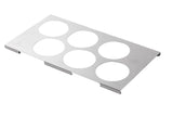 A rectangular 18/8 stainless steel tray with six large circular cutouts arranged in two rows of three. The tray, perfect as a squeeze bottle template, features small raised edges on the long sides and is photographed on a white background.