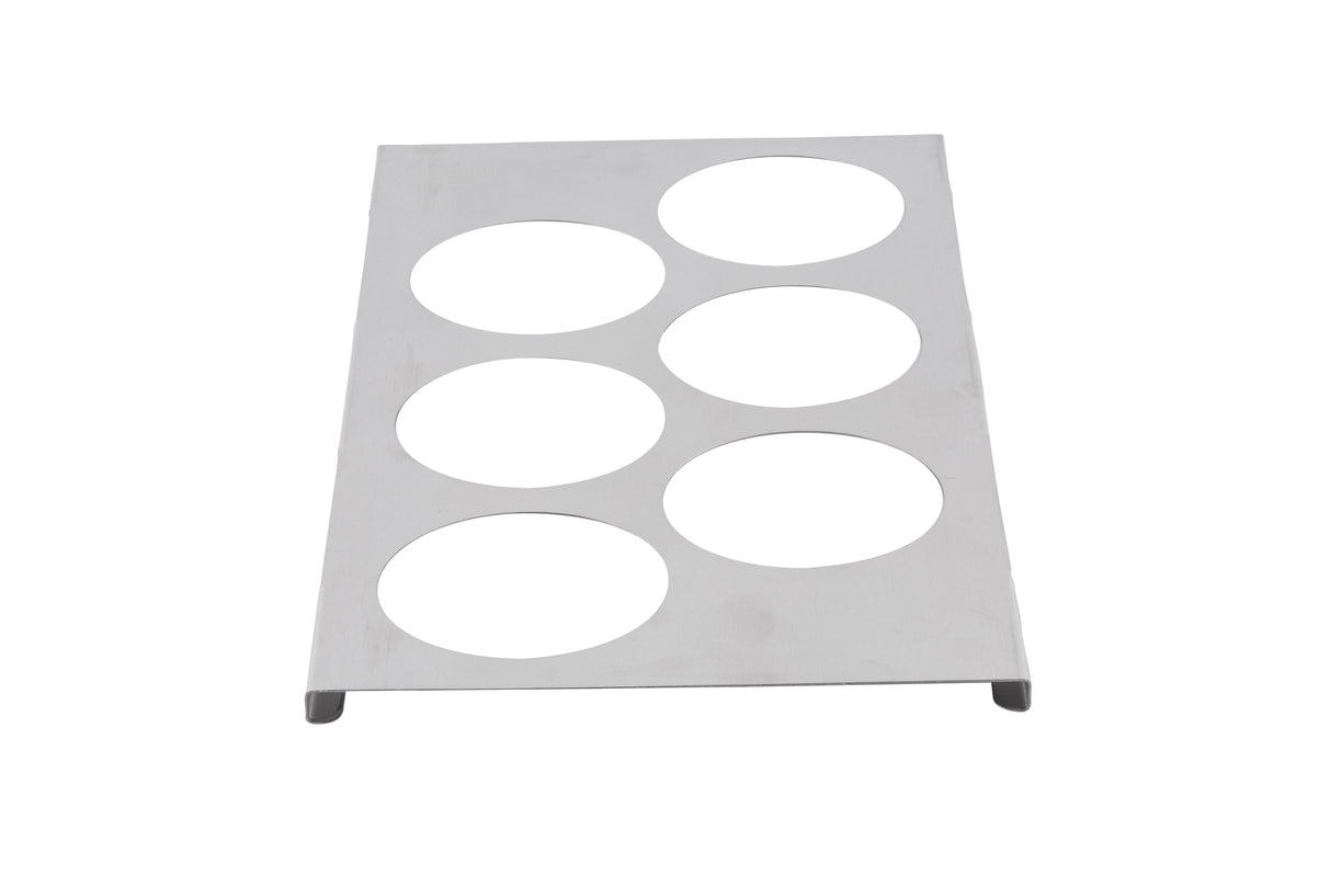 A rectangular stainless steel sheet with six evenly spaced circular cutouts arranged in two columns of three, slightly raised on short legs at each end, photographed against a white background—ideal as a squeeze bottle template.