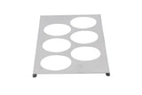 A rectangular stainless steel sheet with six evenly spaced circular cutouts arranged in two columns of three, slightly raised on short legs at each end, photographed against a white background—ideal as a squeeze bottle template.