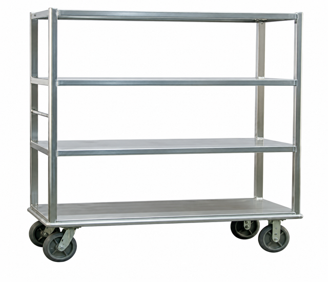 A Silver Transporter utility cart with an aluminum tubular frame, four large caster wheels, and four open shelves. The cart is empty and silver, photographed against a plain white background.