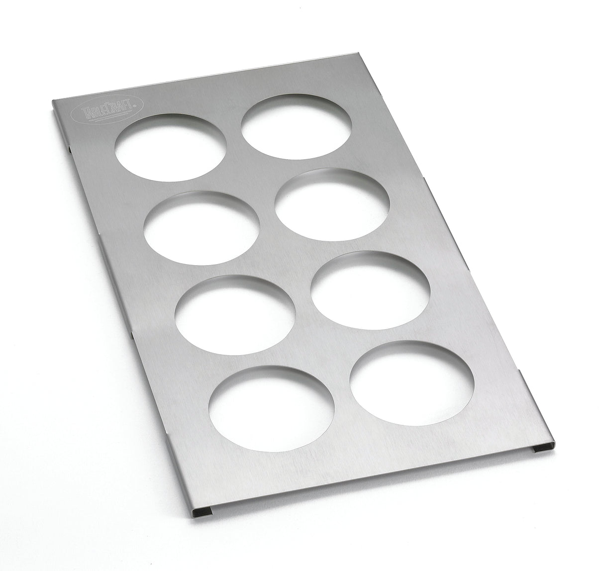 A rectangular stainless steel sheet with a brushed finish, featuring eight evenly spaced circular cutouts in two columns of four—ideal as an 8-hole squeeze bottle template. The top left corner displays an embossed logo. Photographed on a white background.