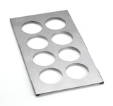 A rectangular stainless steel sheet with a brushed finish, featuring eight evenly spaced circular cutouts in two columns of four—ideal as an 8-hole squeeze bottle template. The top left corner displays an embossed logo. Photographed on a white background.