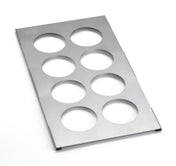 A rectangular stainless steel sheet with a brushed finish, featuring eight evenly spaced circular cutouts in two columns of four—ideal as an 8-hole squeeze bottle template. The top left corner displays an embossed logo. Photographed on a white background.