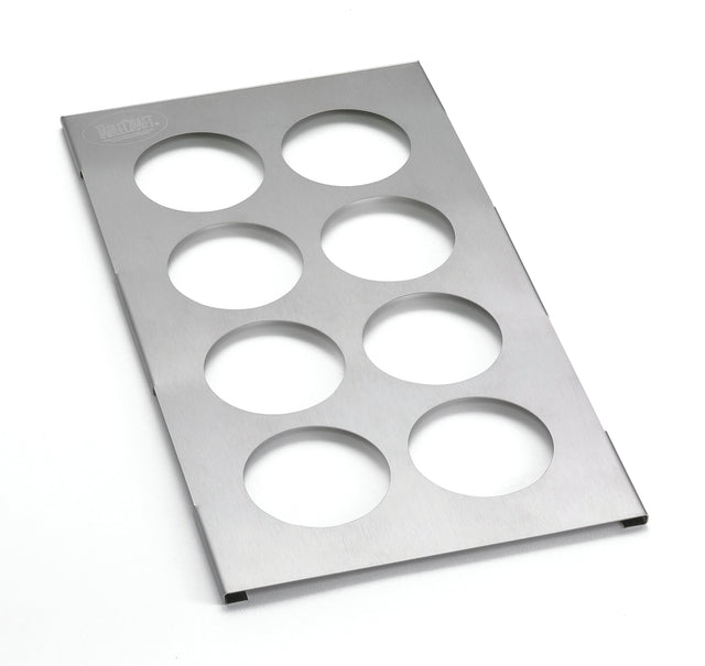 A rectangular stainless steel sheet with a brushed finish, featuring eight evenly spaced circular cutouts in two columns of four—ideal as an 8-hole squeeze bottle template. The top left corner displays an embossed logo. Photographed on a white background.
