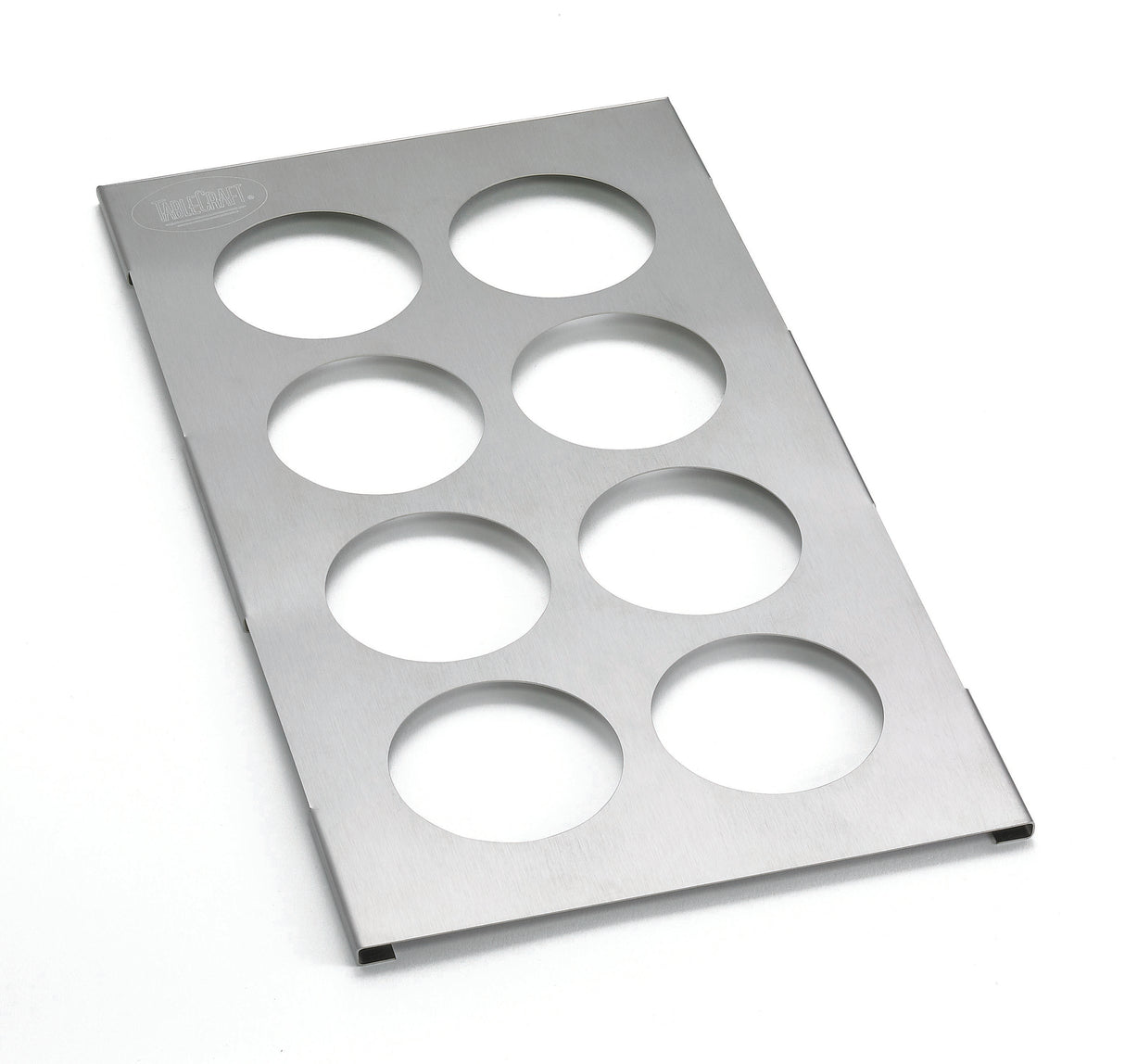 A rectangular stainless steel squeeze bottle template with eight large circular cutouts arranged in two columns and four rows. The brushed metal surface is dishwasher safe, and the Weber logo is etched in the top left corner. Edges are slightly raised.