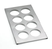 A rectangular stainless steel squeeze bottle template with eight large circular cutouts arranged in two columns and four rows. The brushed metal surface is dishwasher safe, and the Weber logo is etched in the top left corner. Edges are slightly raised.