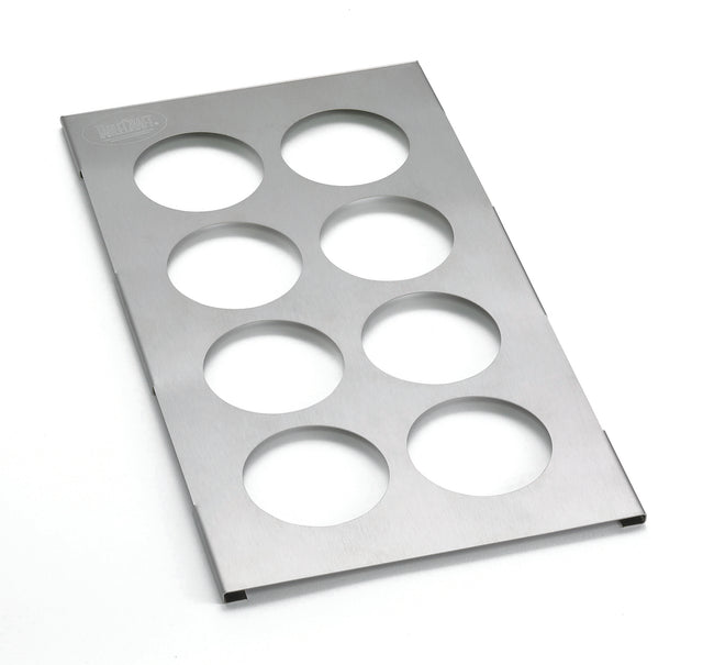A rectangular stainless steel squeeze bottle template with eight large circular cutouts arranged in two columns and four rows. The brushed metal surface is dishwasher safe, and the Weber logo is etched in the top left corner. Edges are slightly raised.